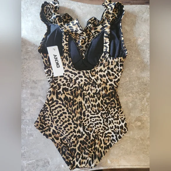 S M L XL DKNY Swim One Piece Ruffle V Neck Swimsuit Leopard - Picture 3 of 11